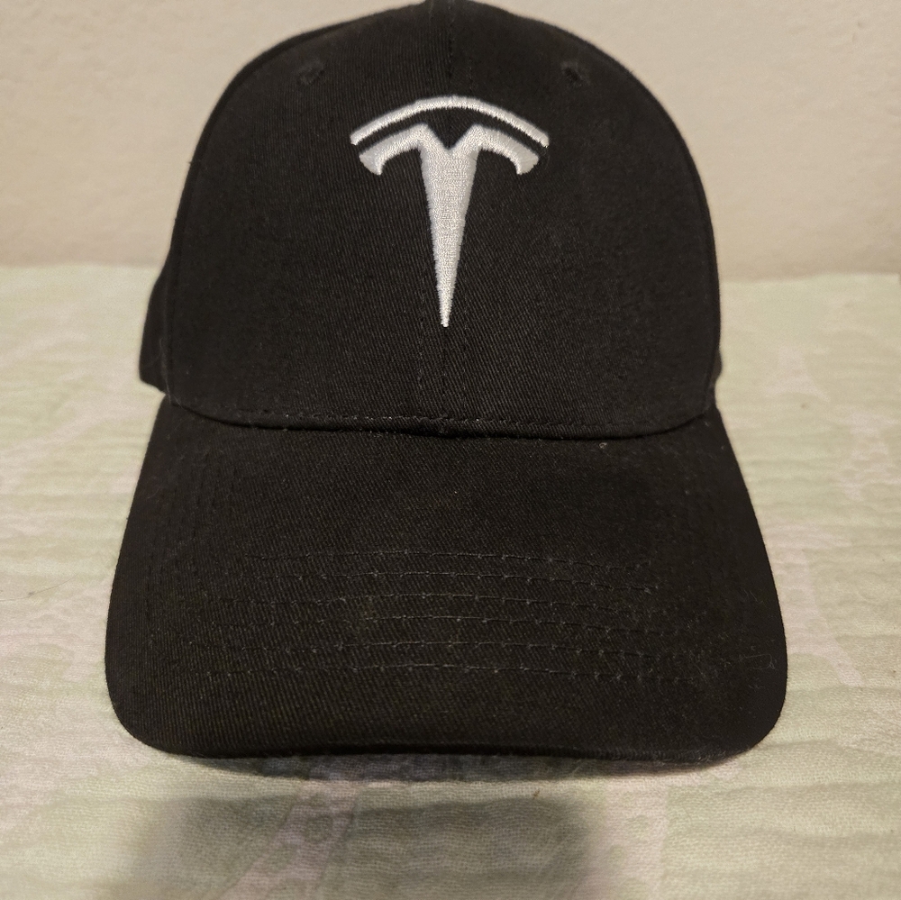 Tesla logo black adjustable back hat. Adult size.